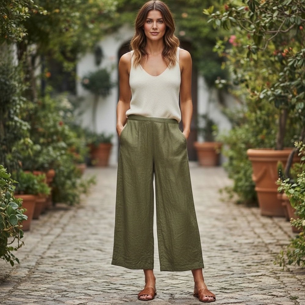 Topshop woman’s olive green wide leg crinkle ankle pants size 4 Small - Picture 7 of 13